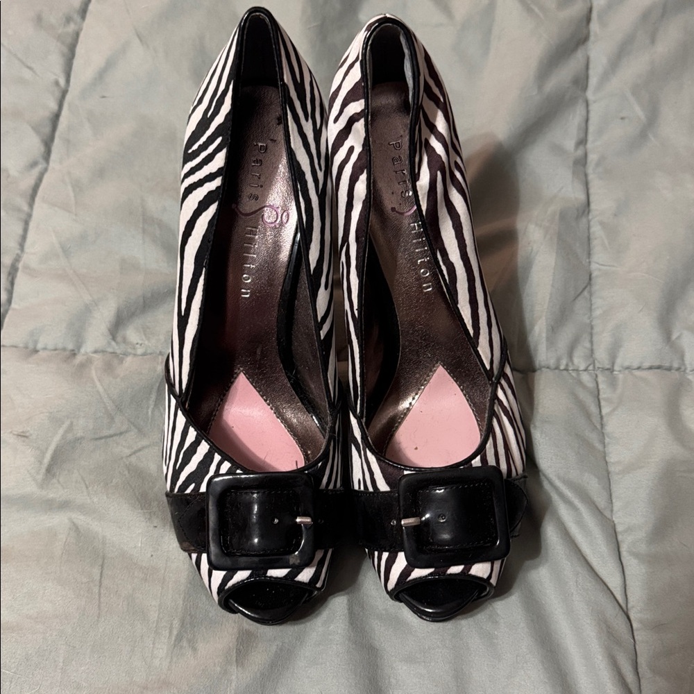 Paris Hilton Black and White Zebra Peep Toe Heels